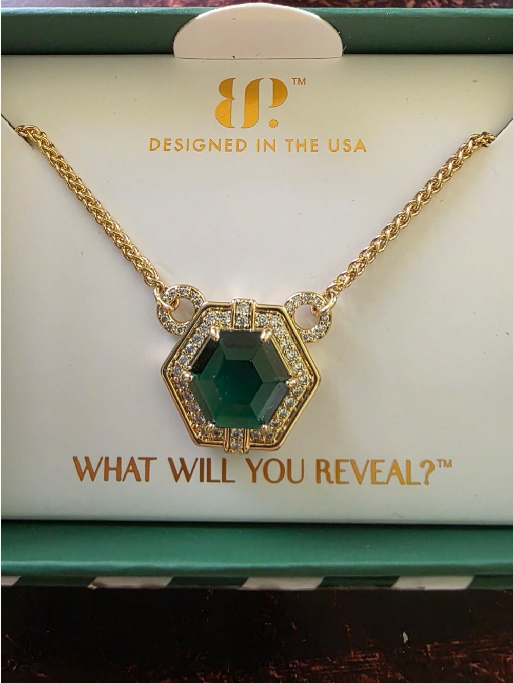BP Gold-Tone Necklace with Emerald Hexagon Pendant